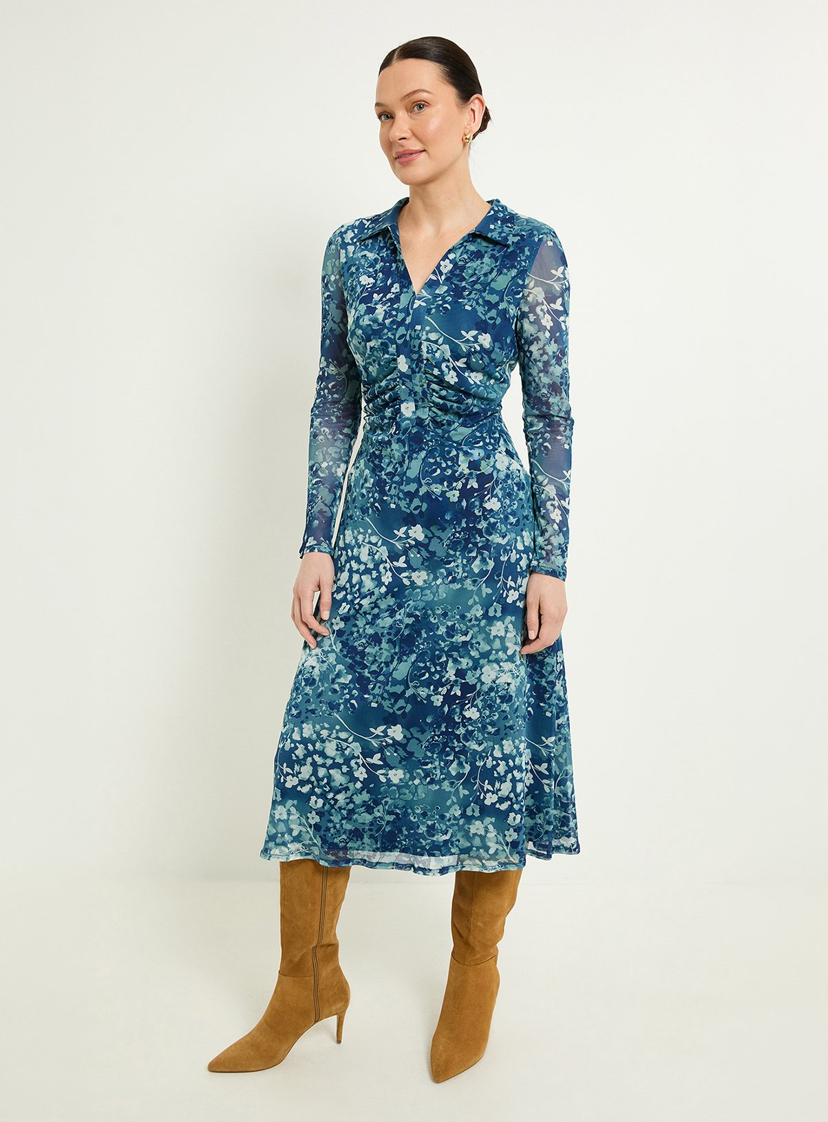WALLIS Mixed Animal Mesh Ruched Collar Midi Dress 