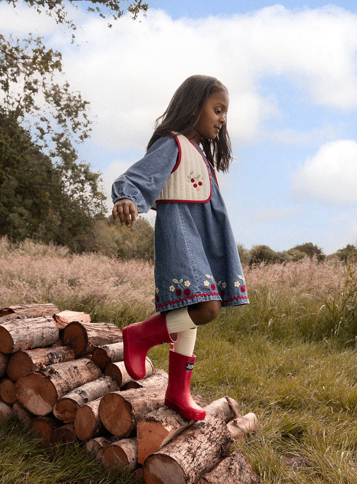 JOJO MAMAN BÉBÉ Embroidered Denim Dress and Quilted Gilet Mid Wash Denim 