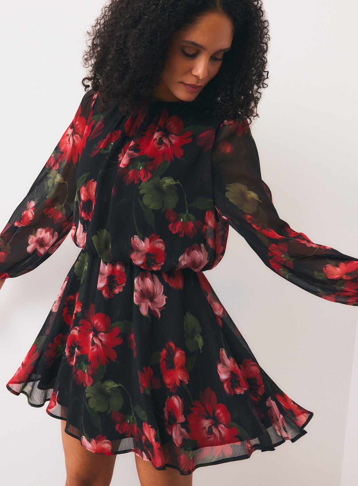 Red Floral Chiffon Mini Dress 