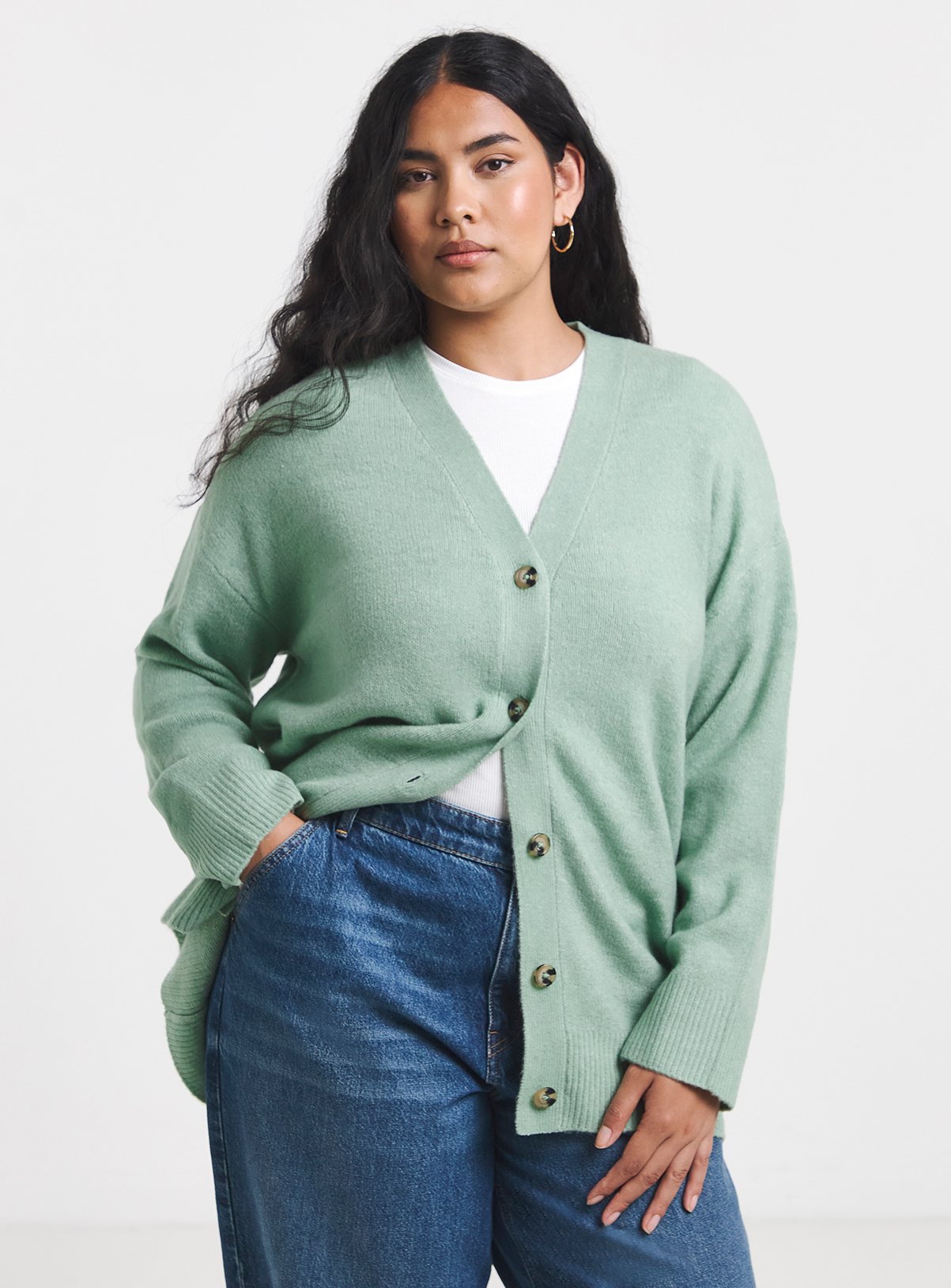 SIMPLY BE Sponge Boyfriend Cardigan With Wool Green 