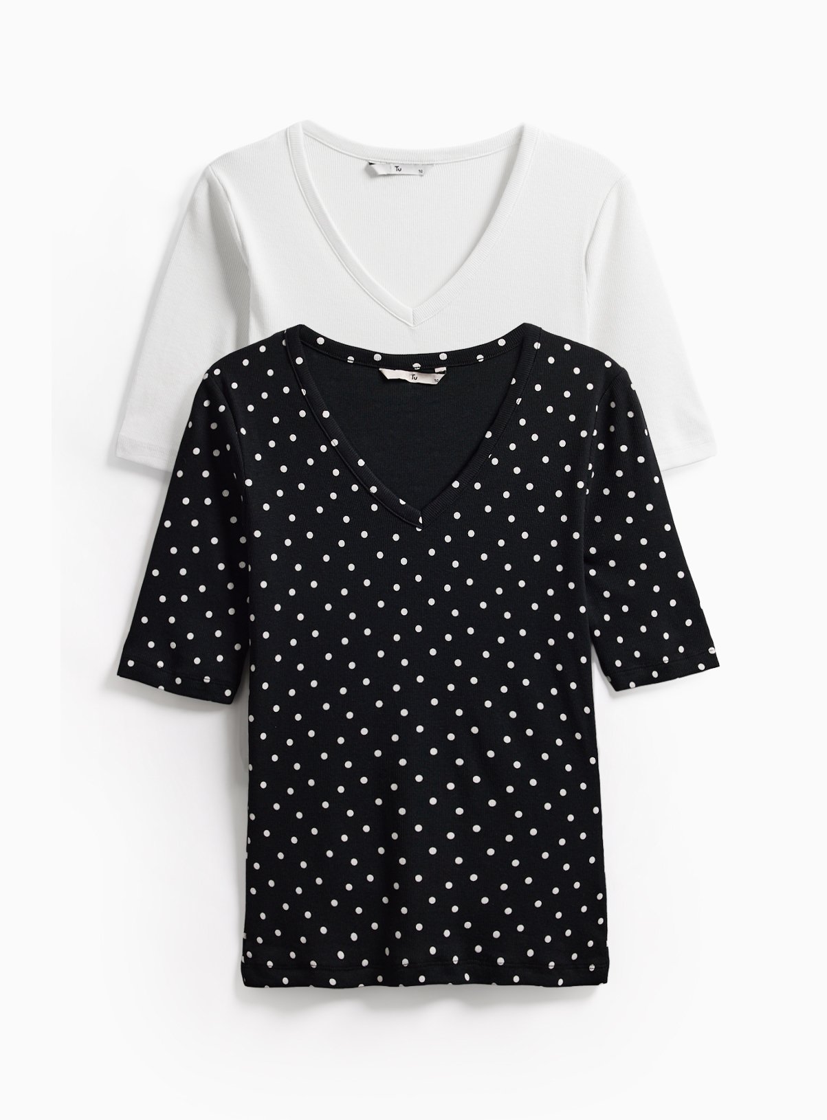 Black Spotted Ribbed Modal V-Neck Tops 2 Pack 