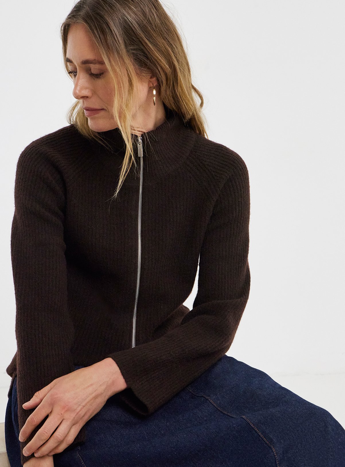 JD WILLIAMS Sponge Rib Zip Through Cardigan With Wool Brown 