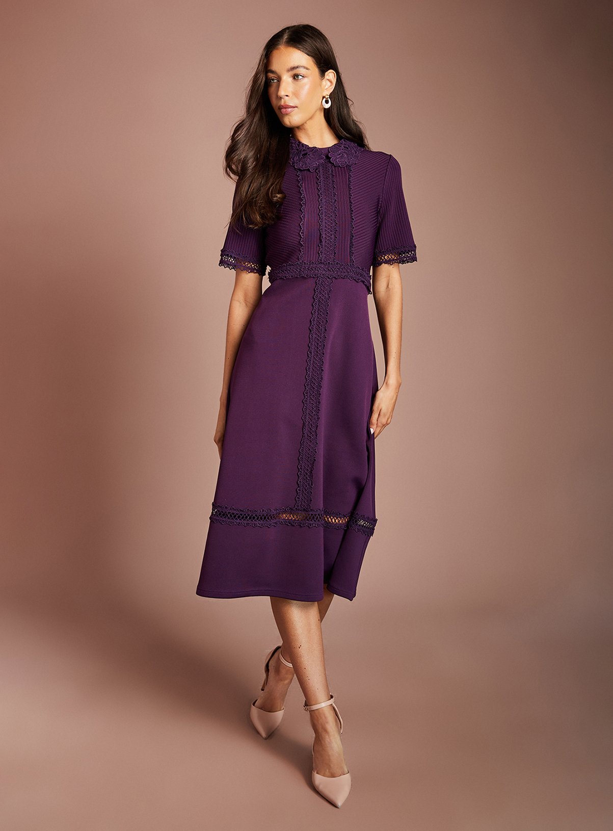 COAST Bandage Short Sleeve Lace Trim Collared Midi Dress 