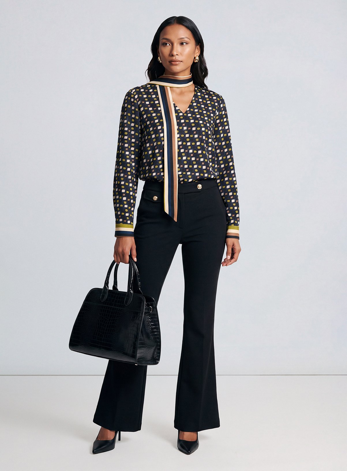 PRINCIPLES Fluid Geo Printed Scarf Detail Blouse 