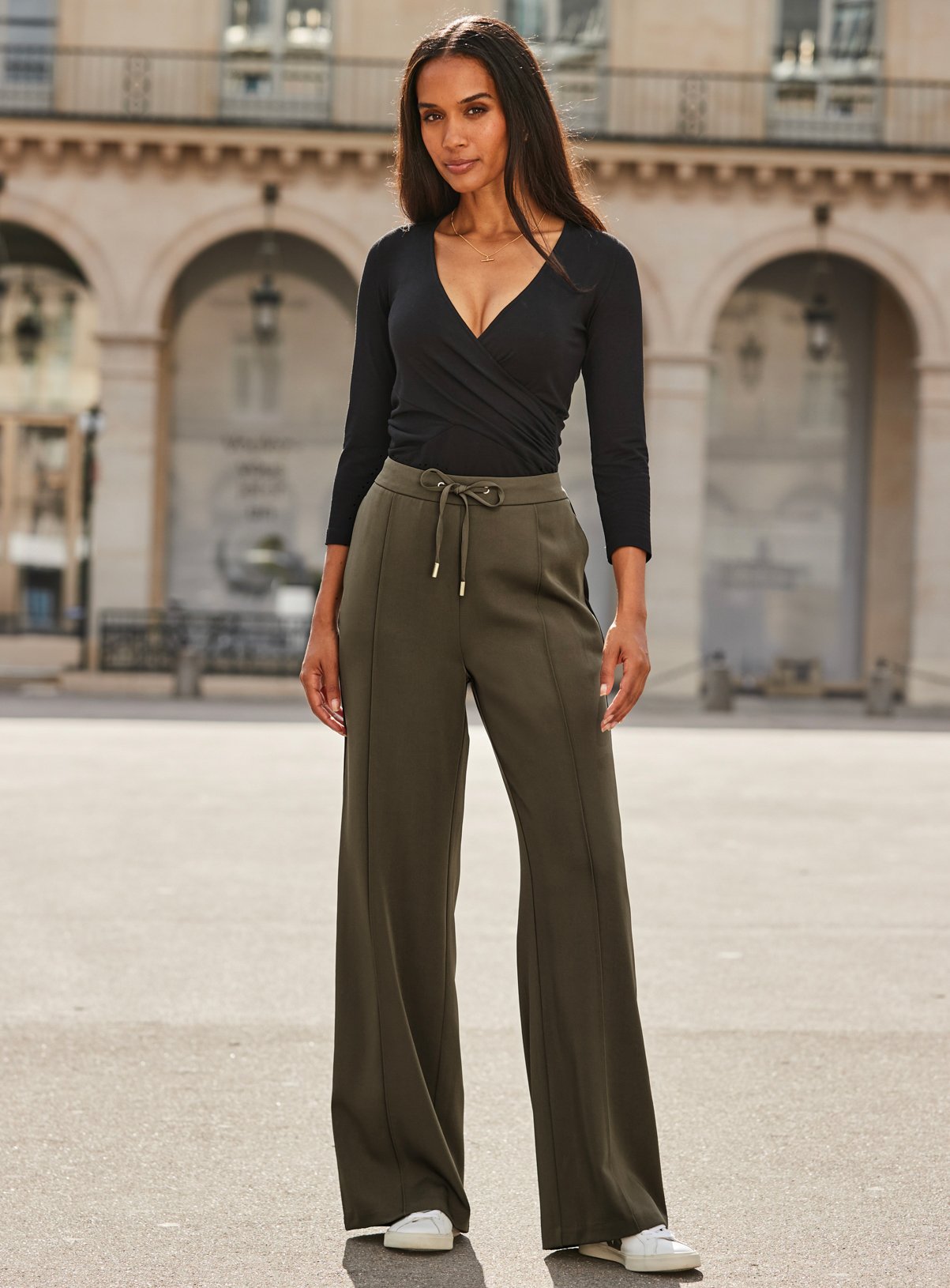 SOSANDAR Khaki Green Side Stripe Wide Leg Trouser 