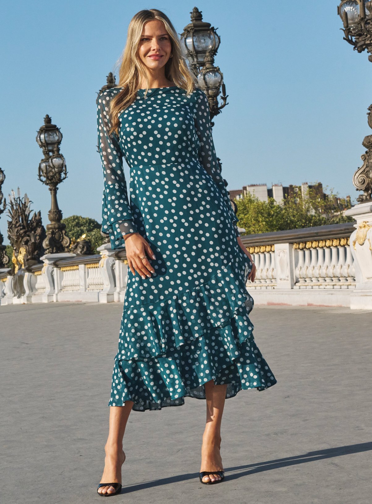 SOSANDAR Green Spot Print Ruffle Hem Fit and Flare Dress 