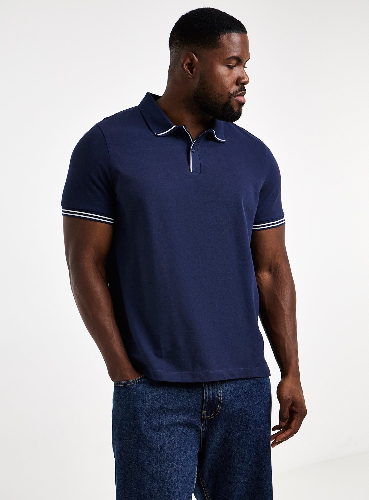 JACAMO Tipped Pique Long Polo Shirt Navy 