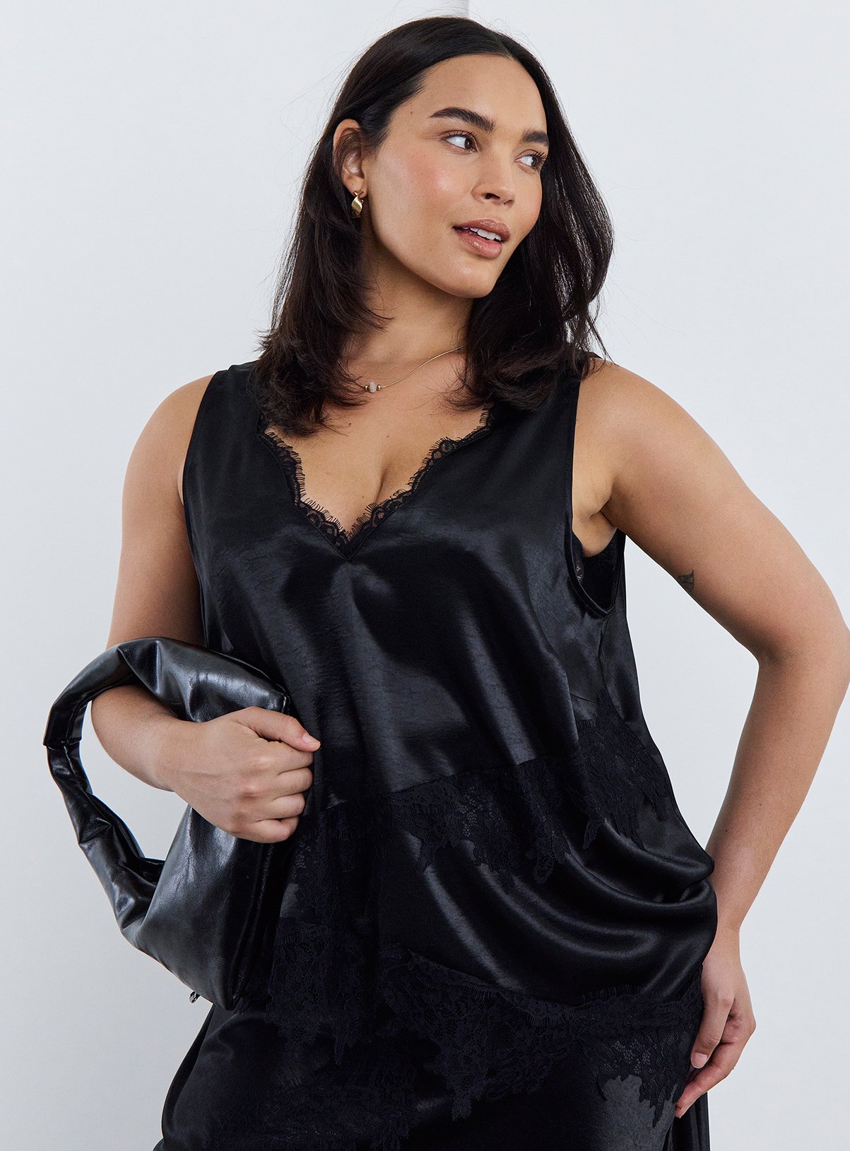 SIMPLY BE Black Satin Lace Cami Top 