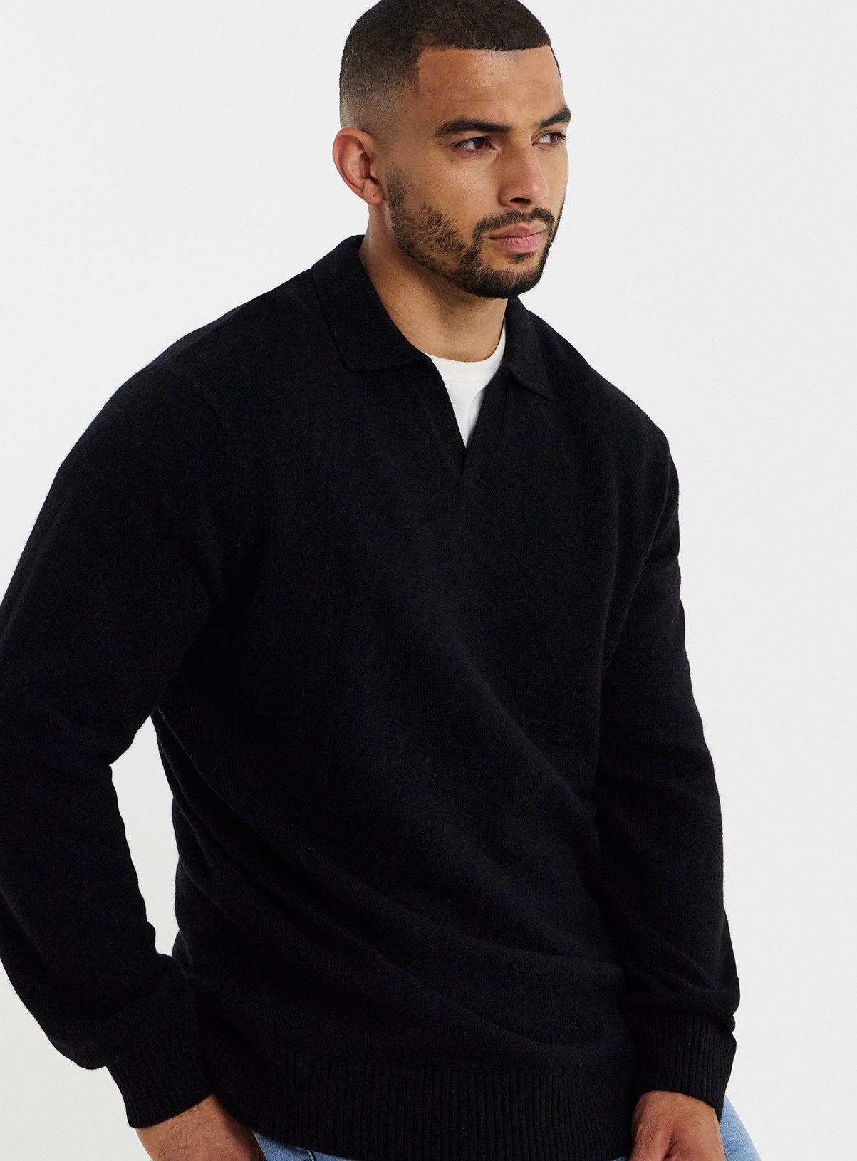JACAMO Lambswool Trophy Neck Knitted Polo Black 