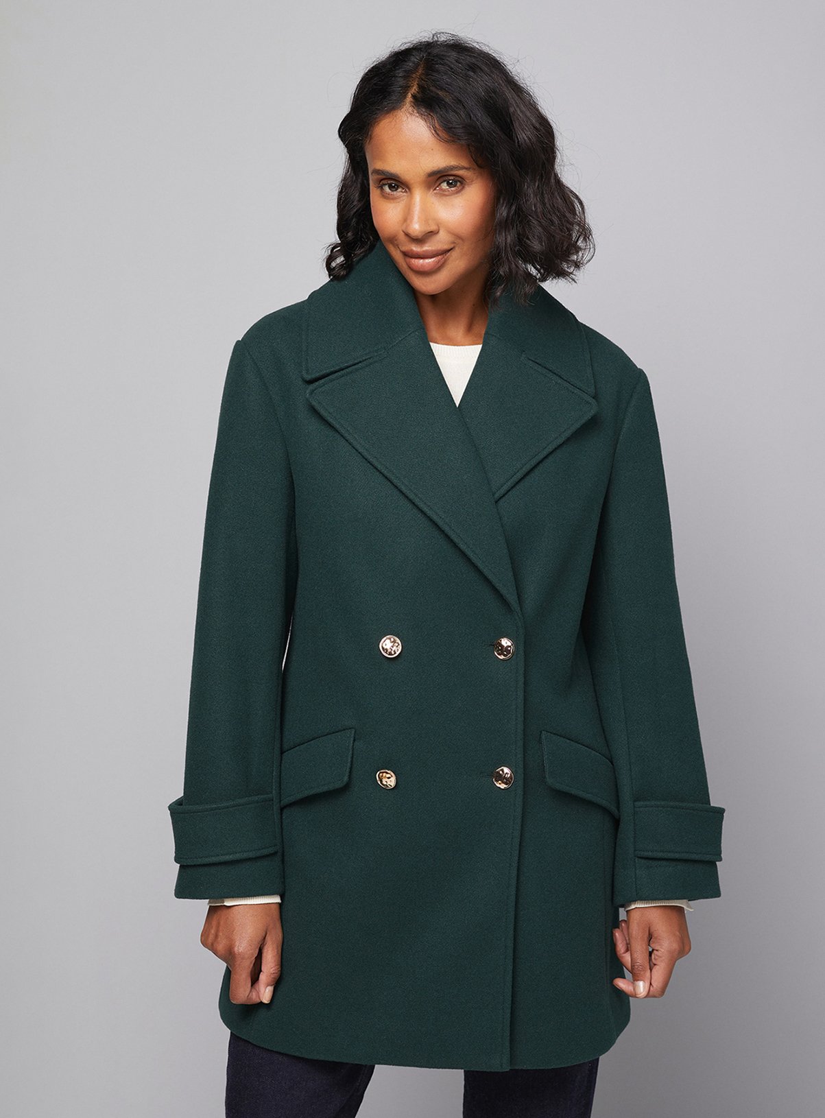 WALLIS Mid Length Double Breasted Coat Dark Green 