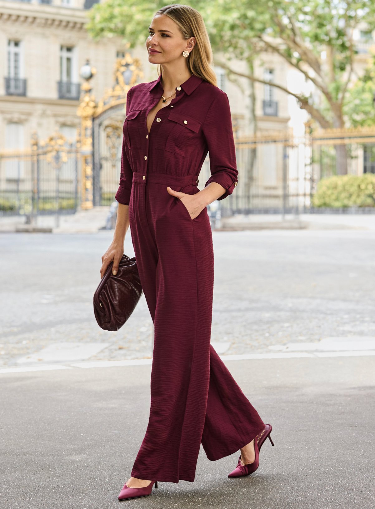 SOSANDAR Burgundy Button Front Jumpsuit 