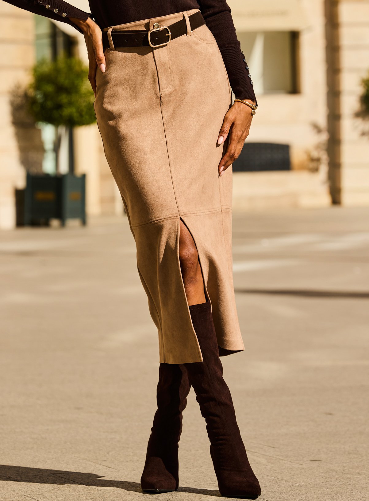 SOSANDAR Taupe Faux Suede Pencil Skirt 