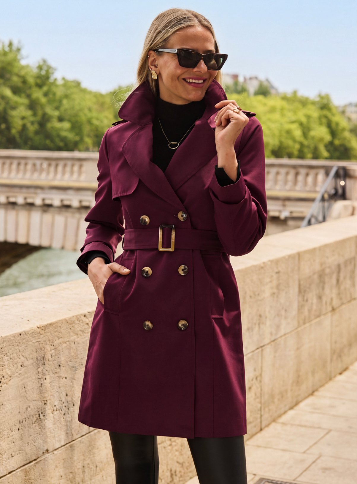 SOSANDAR Burgundy Double Breasted Trench Coat with Pockets 