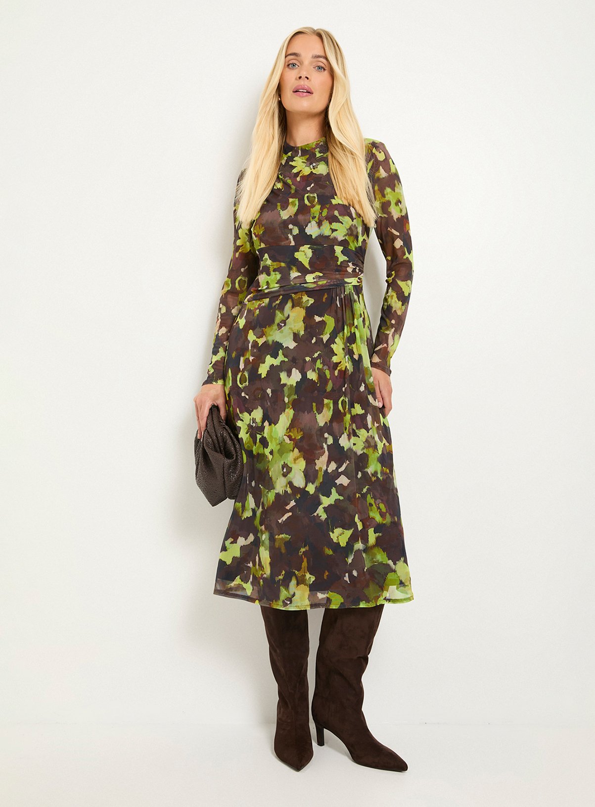 WALLIS Petite Floral Mesh Ruched Waist Midi Dress 