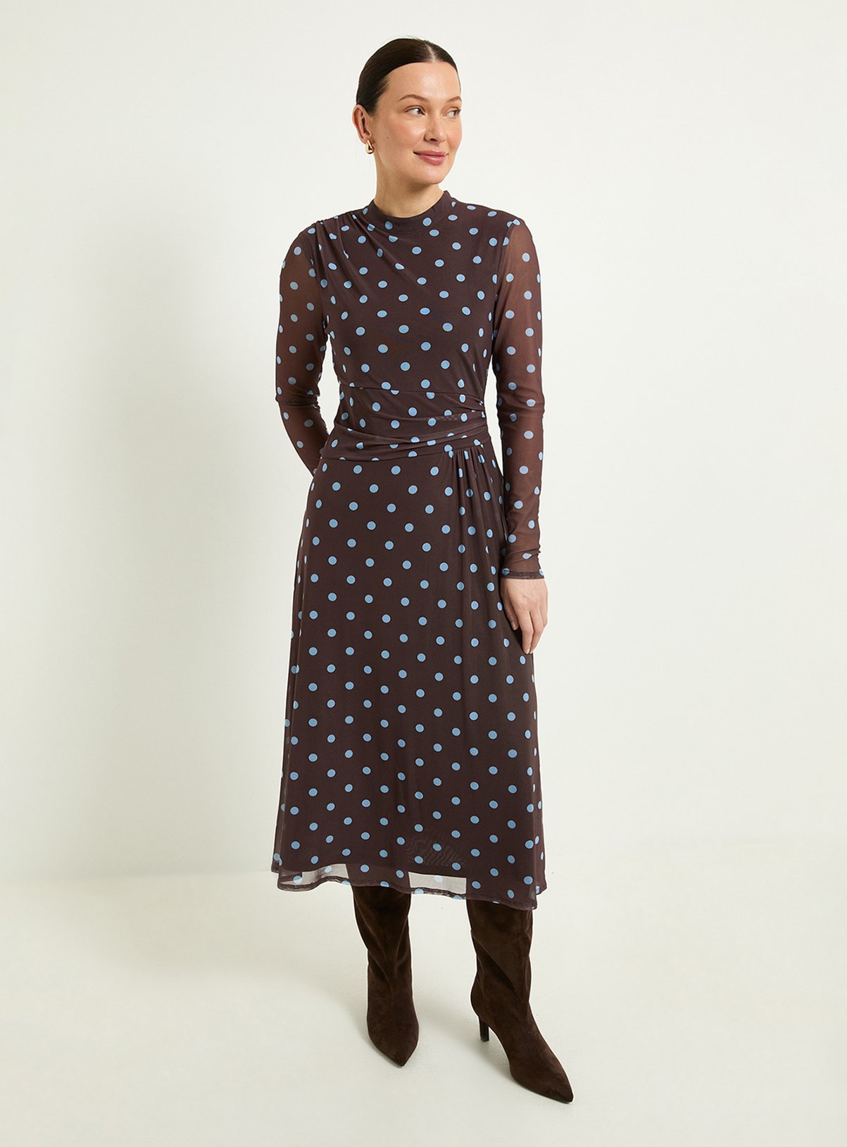 WALLIS Polka Dot Mesh Ruched Waist Midi Dress 