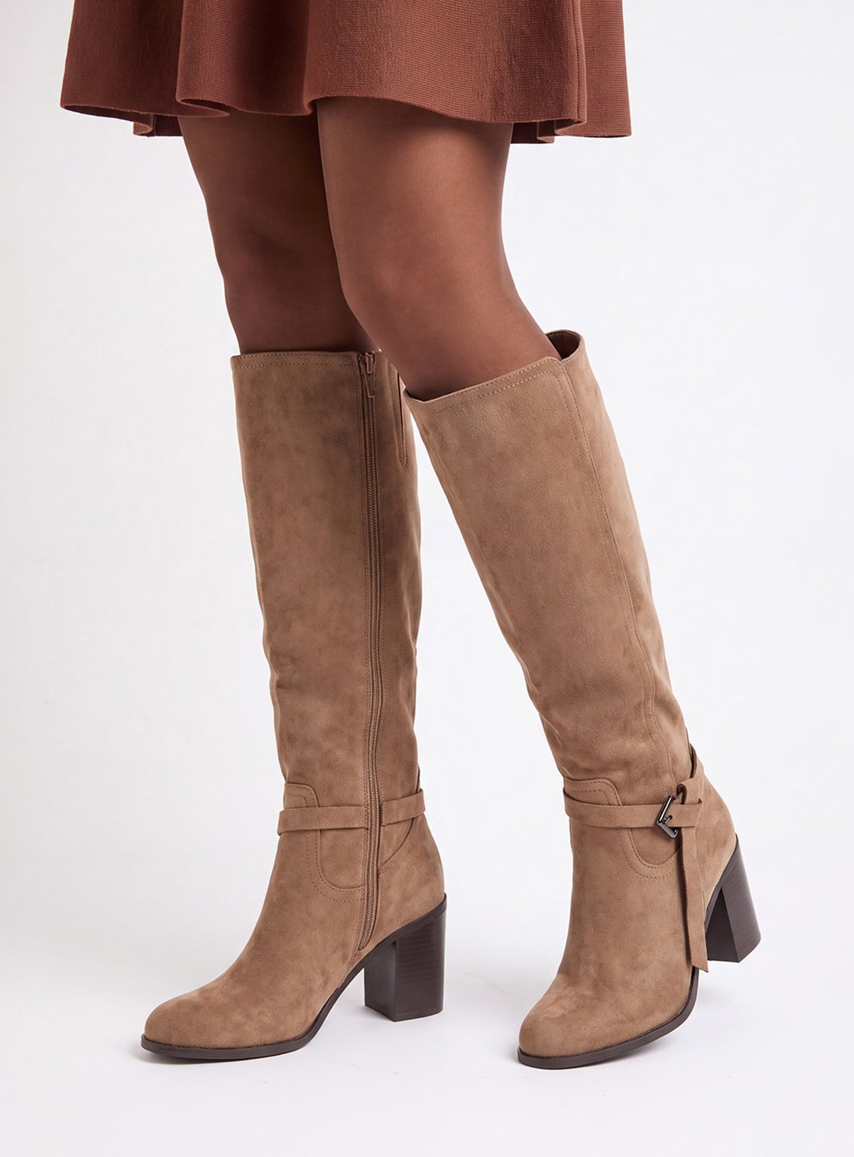 WALLIS Katri Faux Suede Block Heel Knee Boots Tan 
