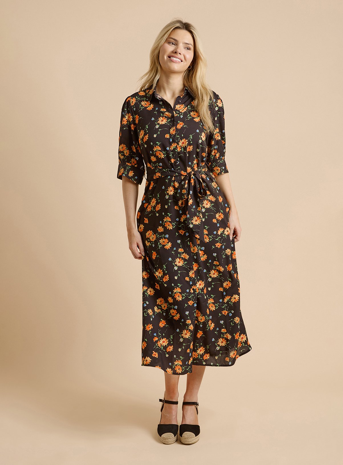 DOROTHY PERKINS Black Floral Puff Sleeve Midi Shirt Dress 