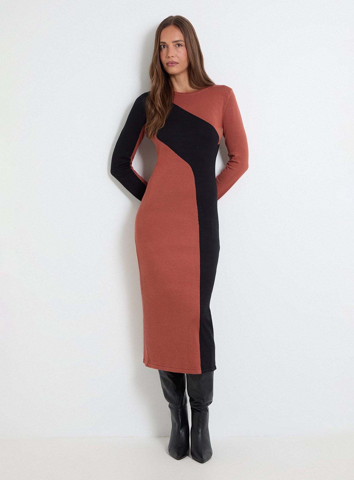 WALLIS Colour Block Crew Neck Knitted Midi Dress 