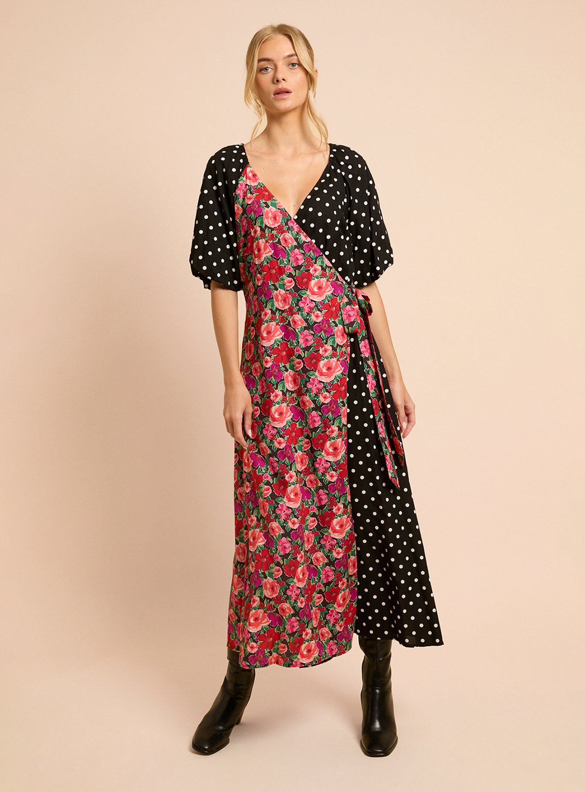 DOROTHY PERKINS Floral Spot Mix Puff Sleeve Print Mix Wrap Midi Dress 