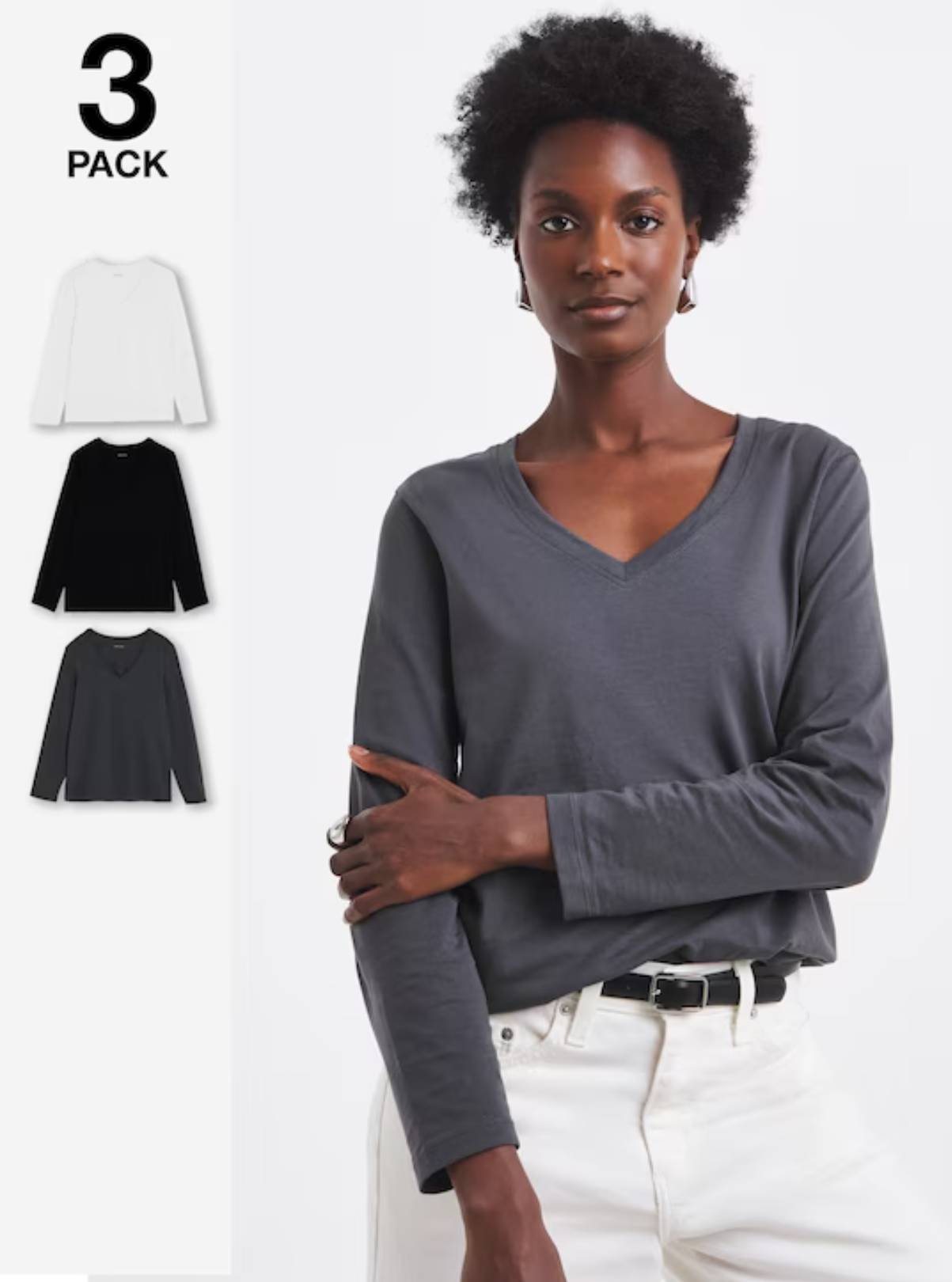 JD WILLIAMS 3 Pack V Neck Long Sleeve Top Black, White & Charcoal 