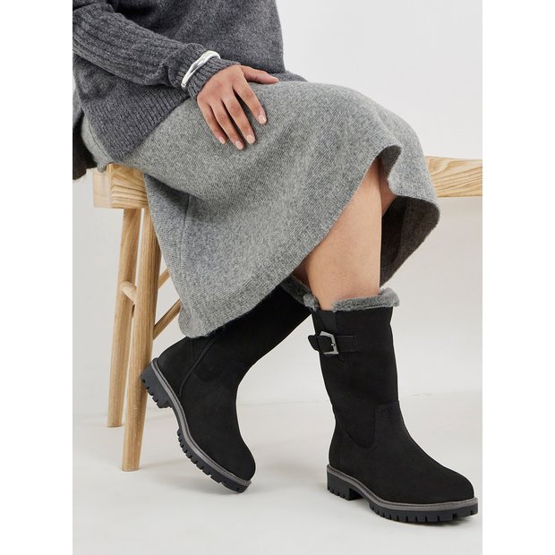 Buy JD WILLIAMS Fur Trim Flat Calf Boot Wide Fit Black 9 | Boots | Tu