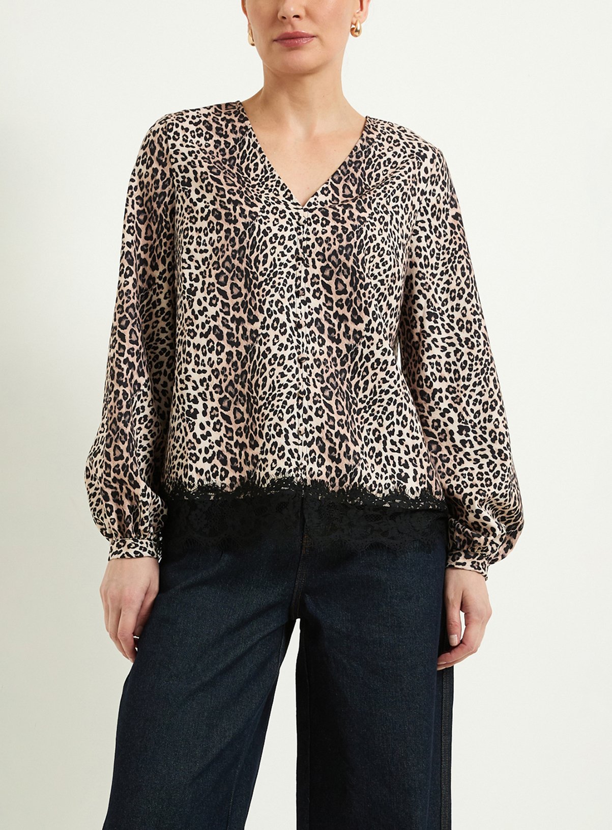 WALLIS Leopard Button Down Lace Trim Shirt 