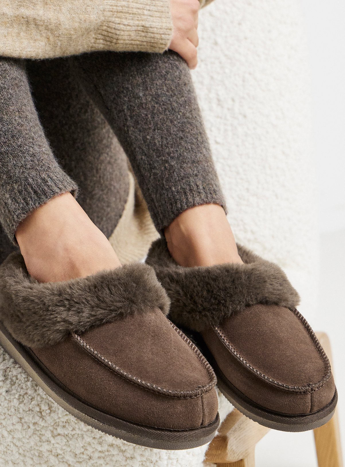 JD WILLIAMS Full Suede Fur Trim Slipper Wide Fit 