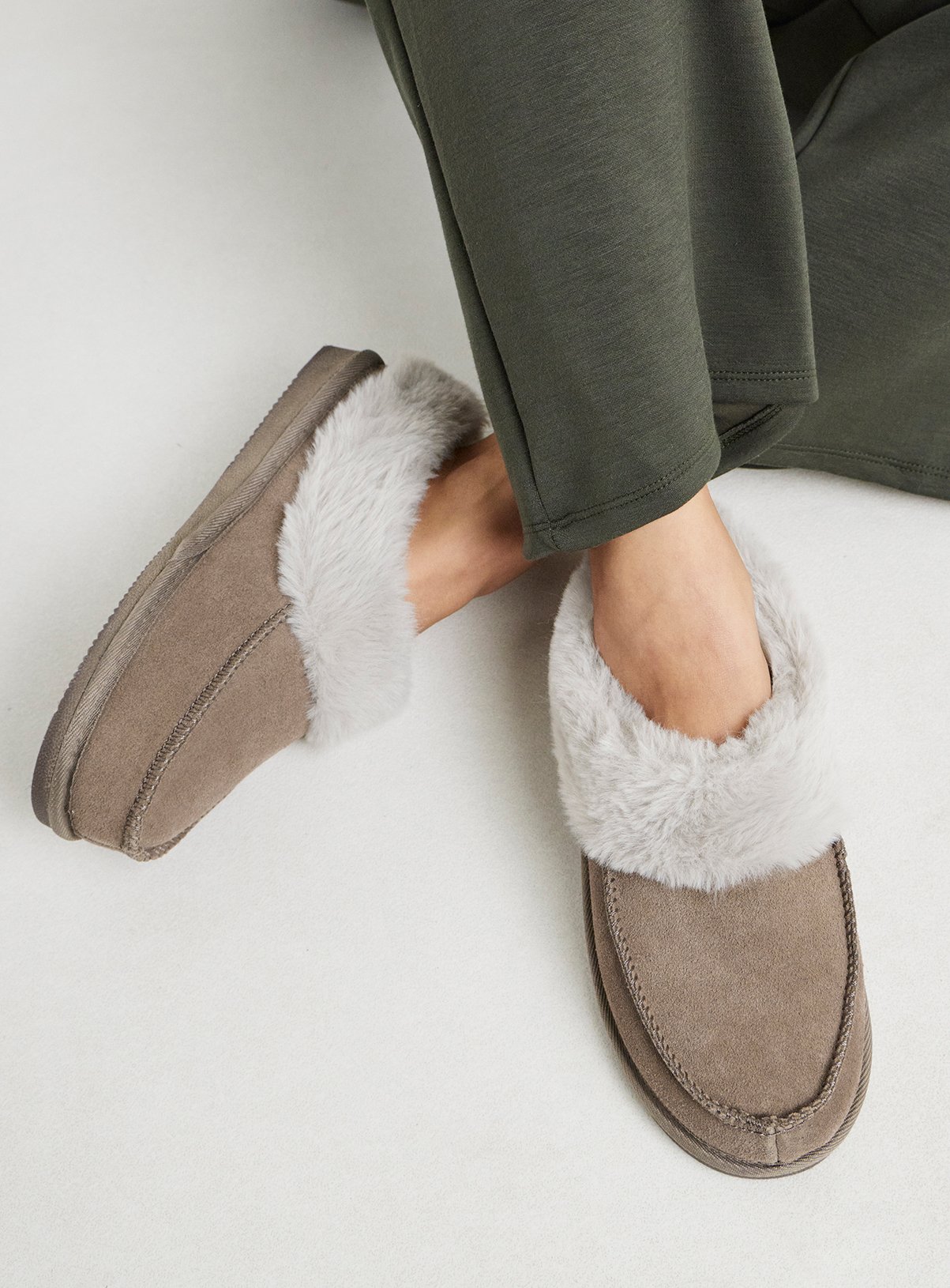 JD WILLIAMS Full Suede Fur Trim Slipper Wide Fit Taupe 