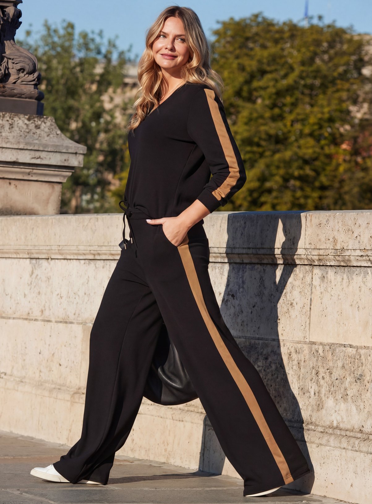 SOSANDAR Black and Camel Side Stripe Casual Trousers 