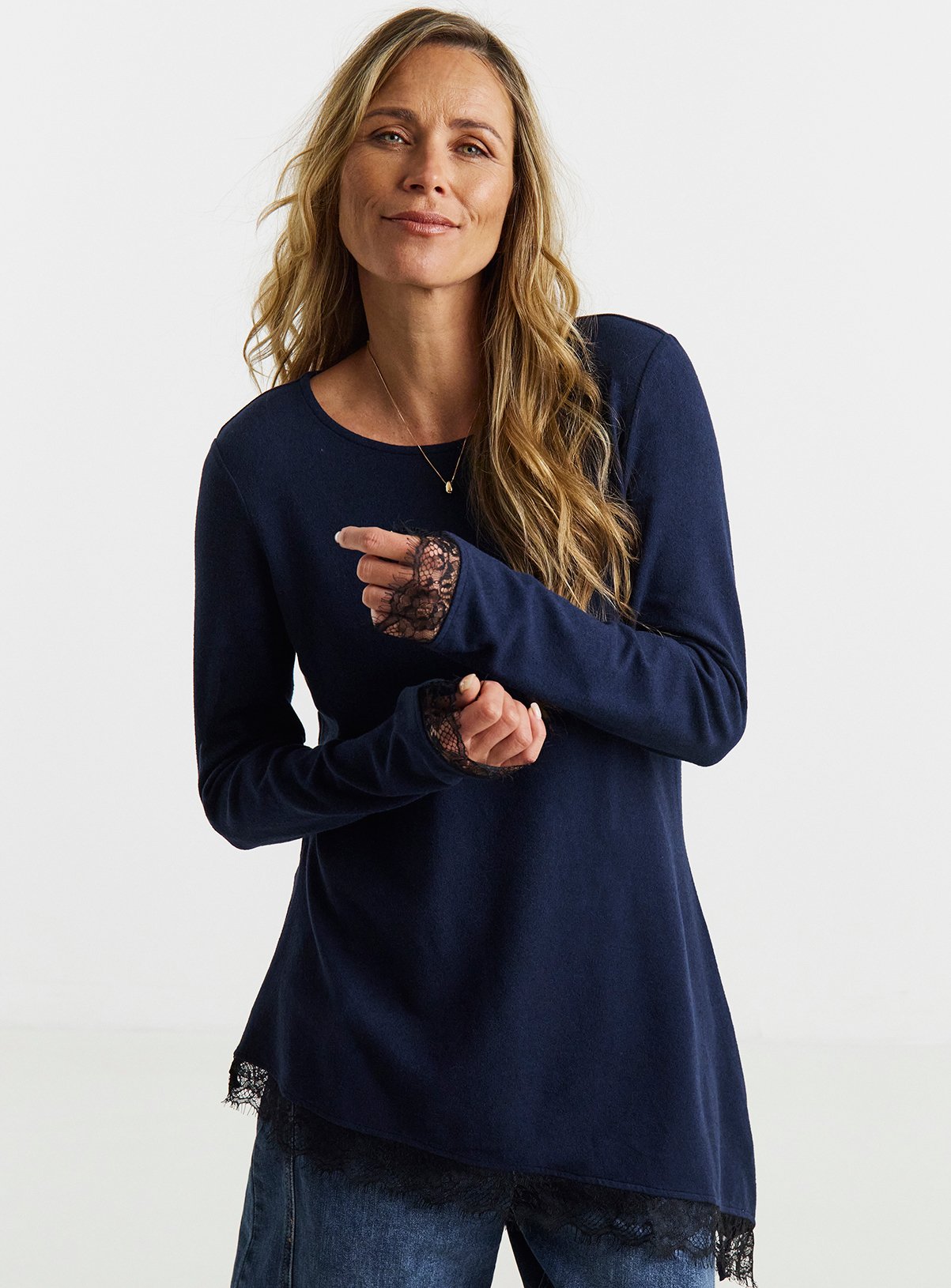 JD WILLIAMS Soft Touch Crew Lace Asyhem Top 