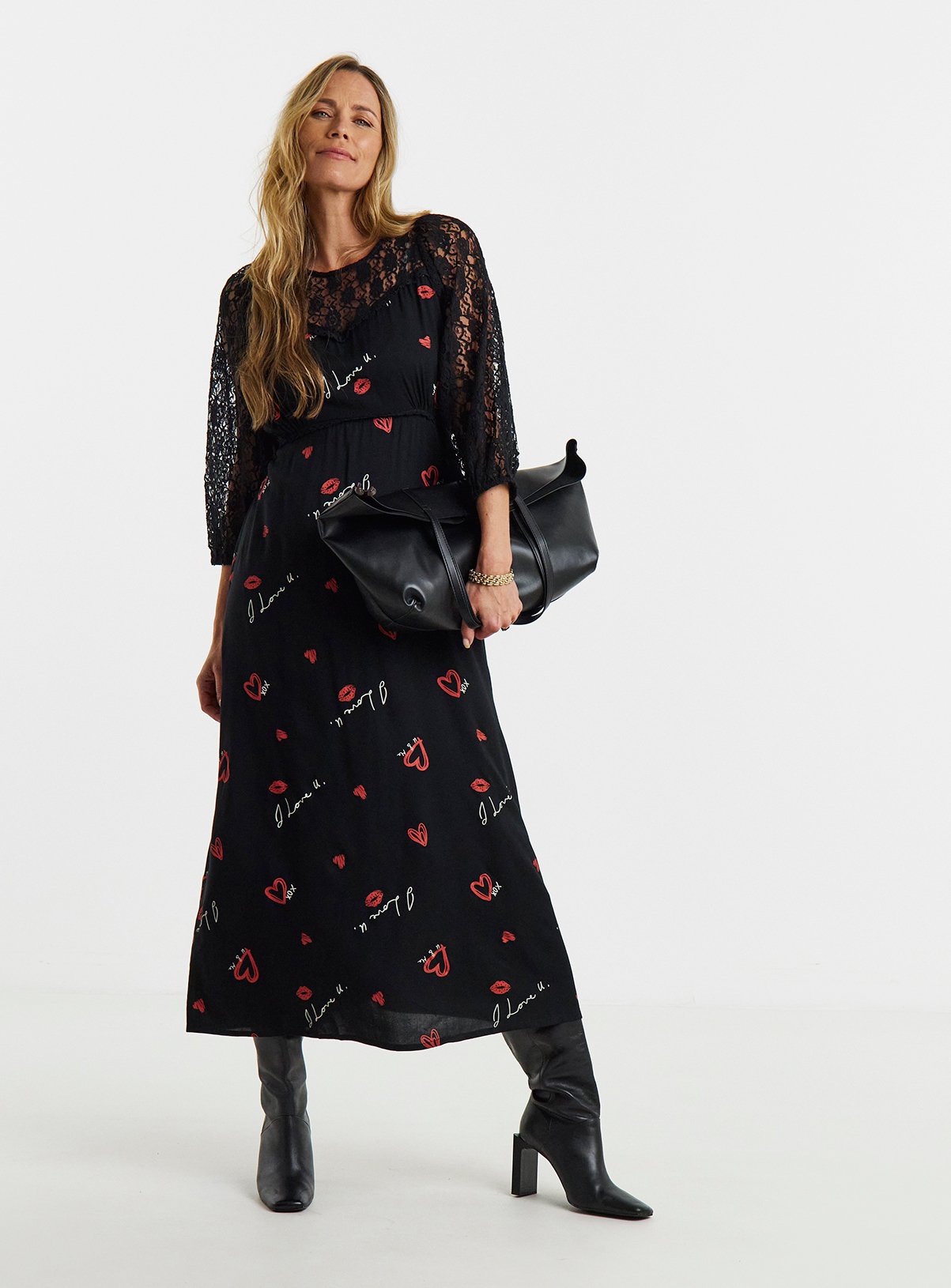 JD WILLIAMS Conversation Print Lace Panel Tea Dress 