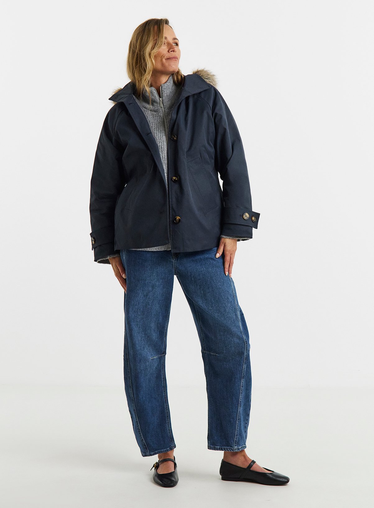 JD WILLIAMS Quilt Lined Faux Fur Collar Parka Coat Navy 