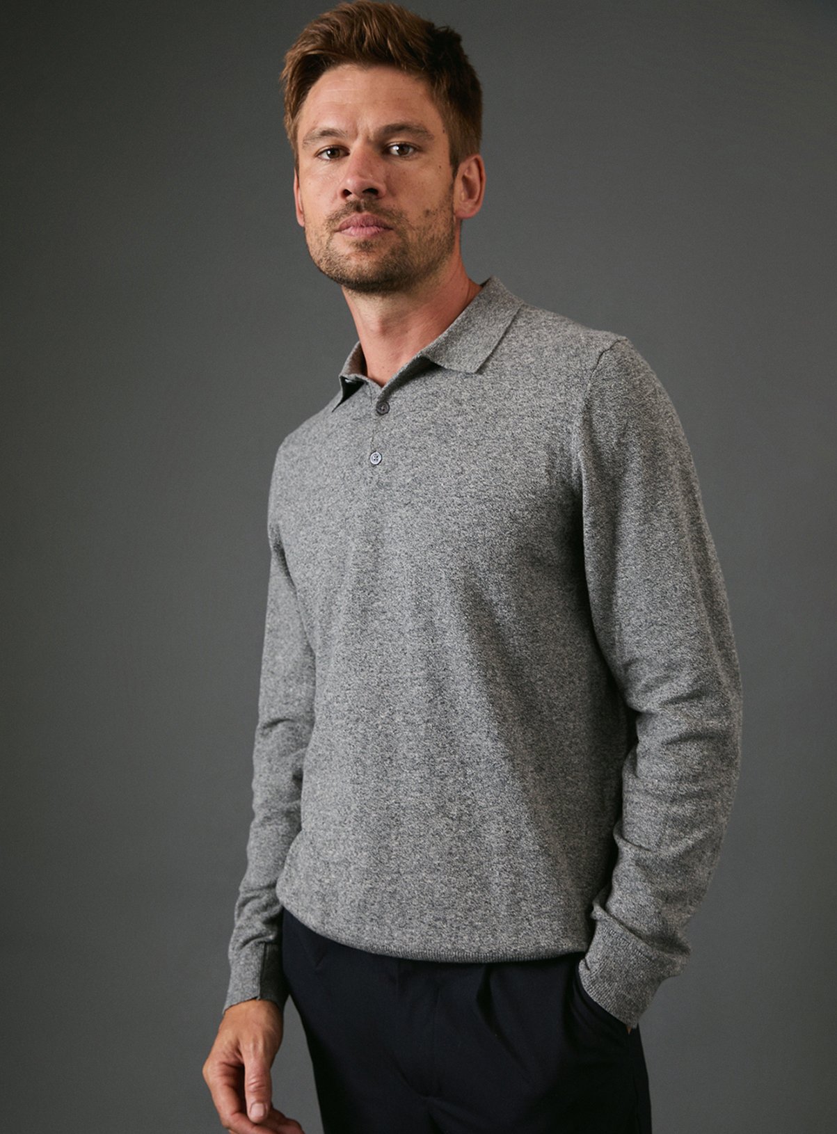 BURTON Light Grey Cotton Rich Long Sleeve Knitted Polo 