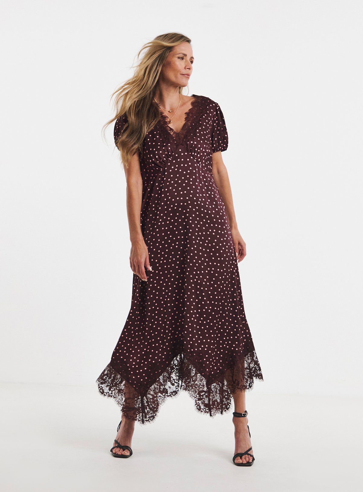 JD WILLIAMS Burgundy Spot Hanky Hem Lace Trim Dress 