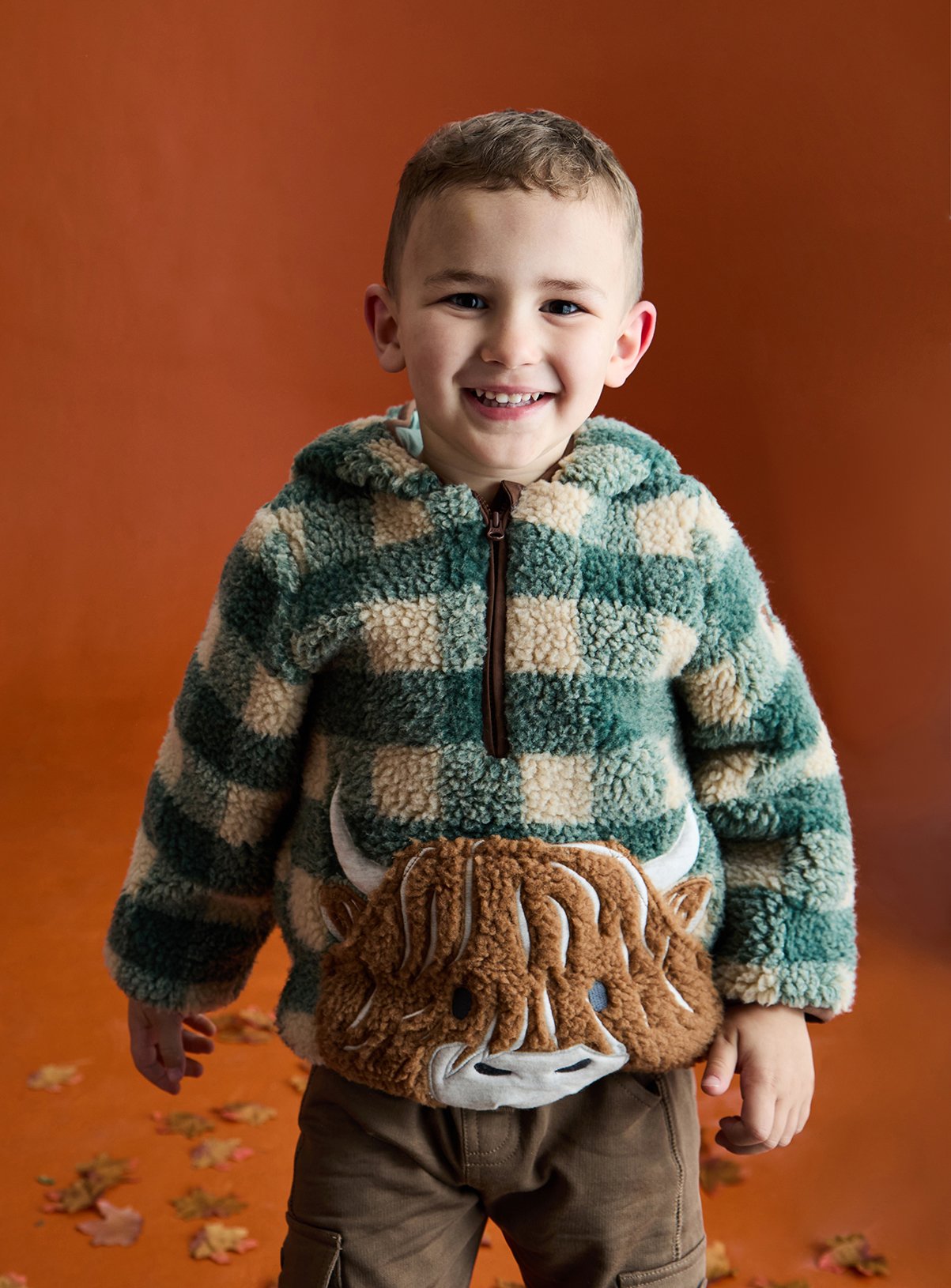 JOJO MAMAN BÉBÉ Highland Cow Applique Half Zip Teddy Borg Jacket Green 