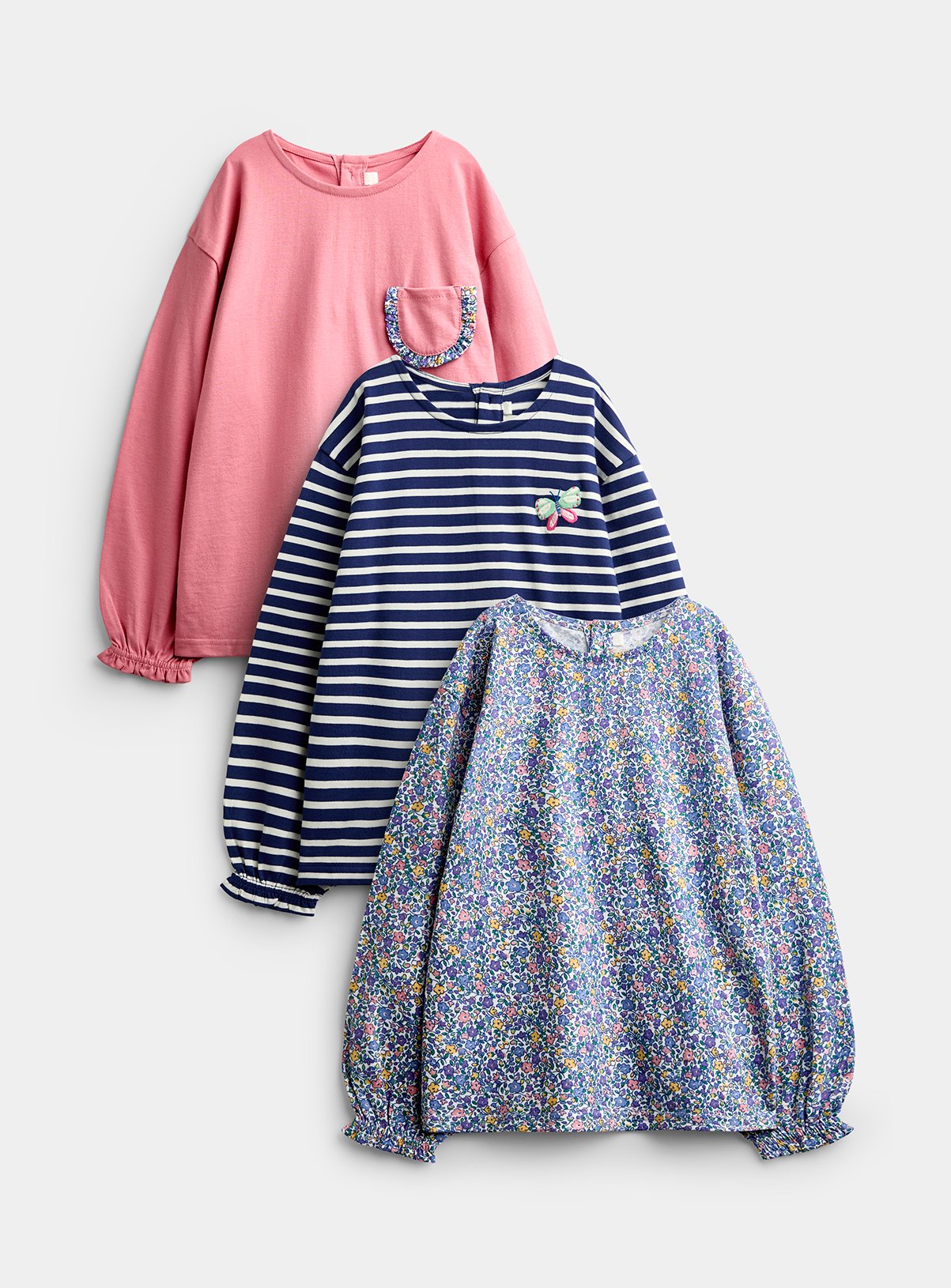 JOJO MAMAN BÉBÉ 3 Pack Ditsy and Stripe Tops Mid Pink 