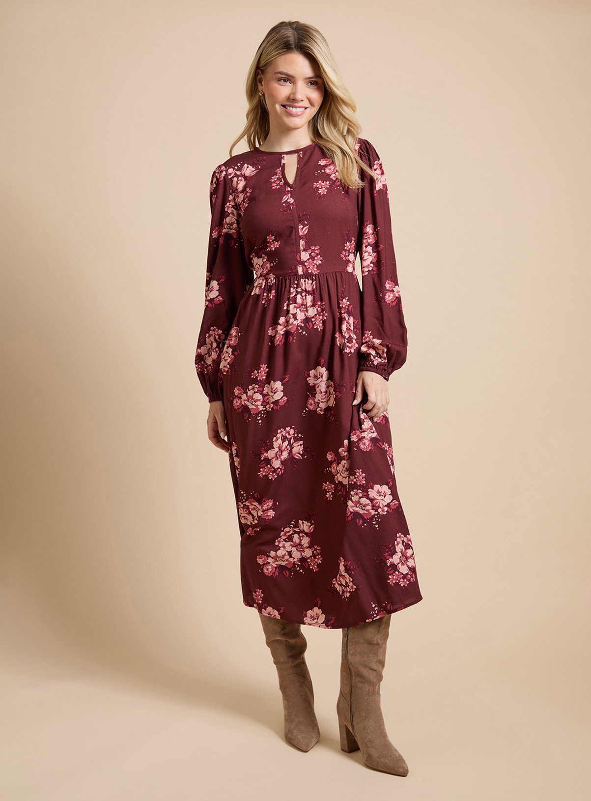 DOROTHY PERKINS Berry Floral Blouson Sleeve Printed Keyhole Midi Dress 