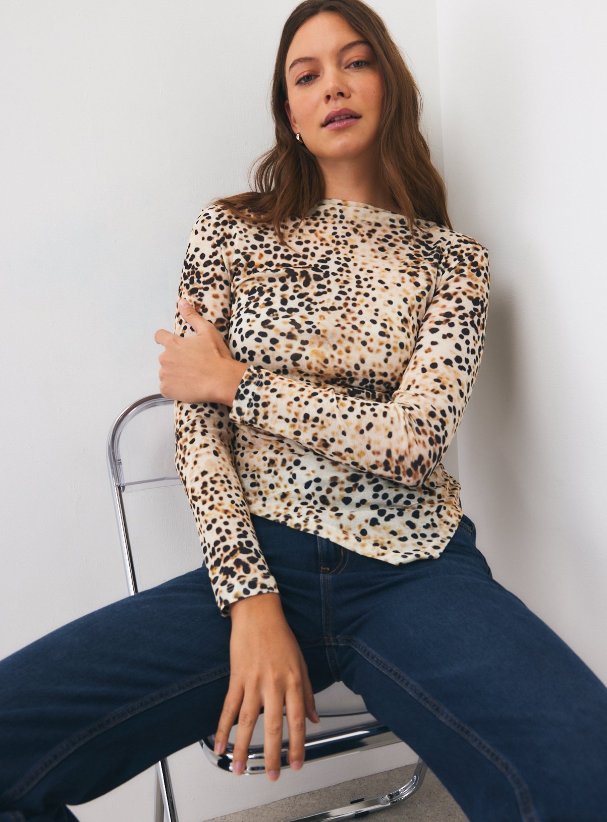 Printed Mesh Long Sleeve Top 