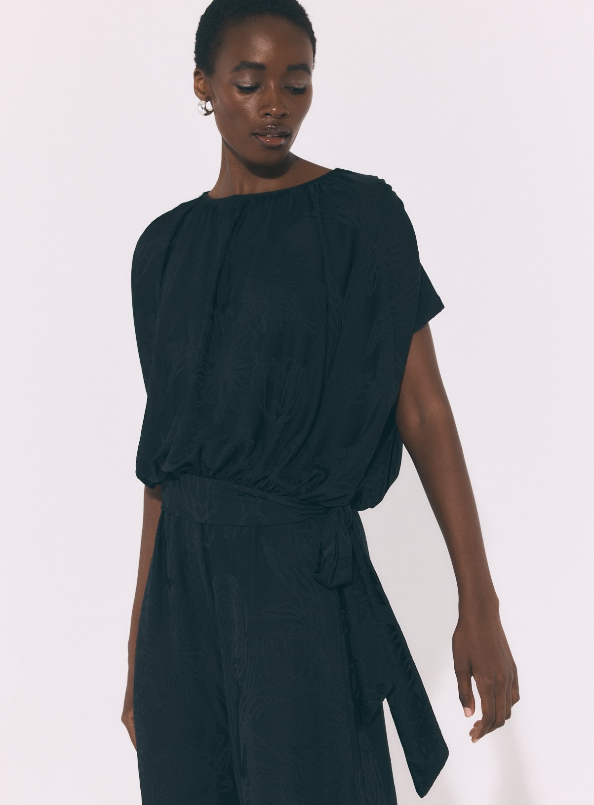 Black Jacquard Tie-Side Top 