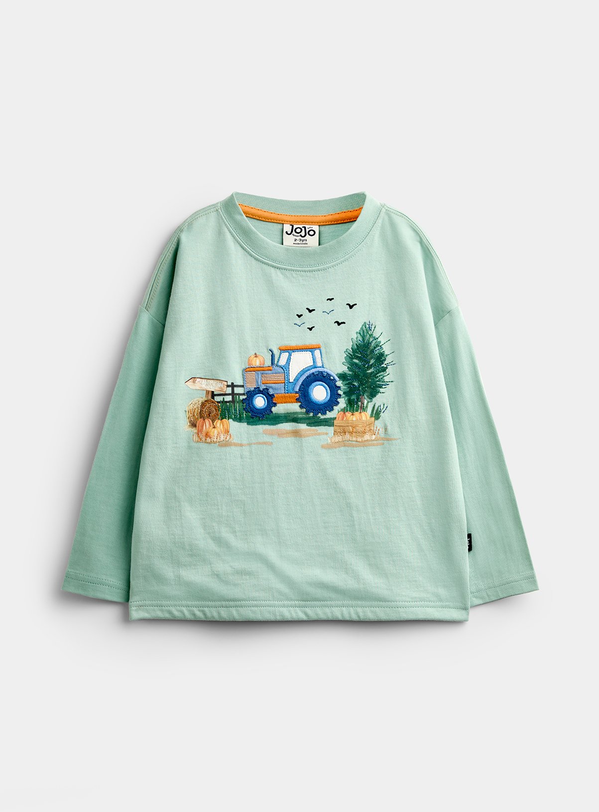 JOJO MAMAN BÉBÉ Painterly Tractor Scene Printed Top Light Green 