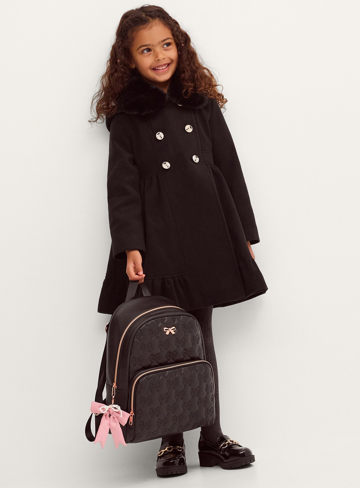 MONSOON Faux Fur Collar Double Breasted Coat 