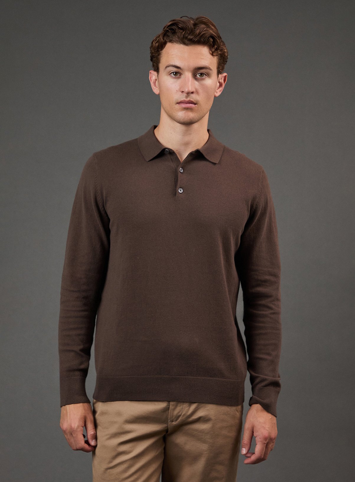 BURTON Khaki Cotton Rich Long Sleeve Knitted Polo 