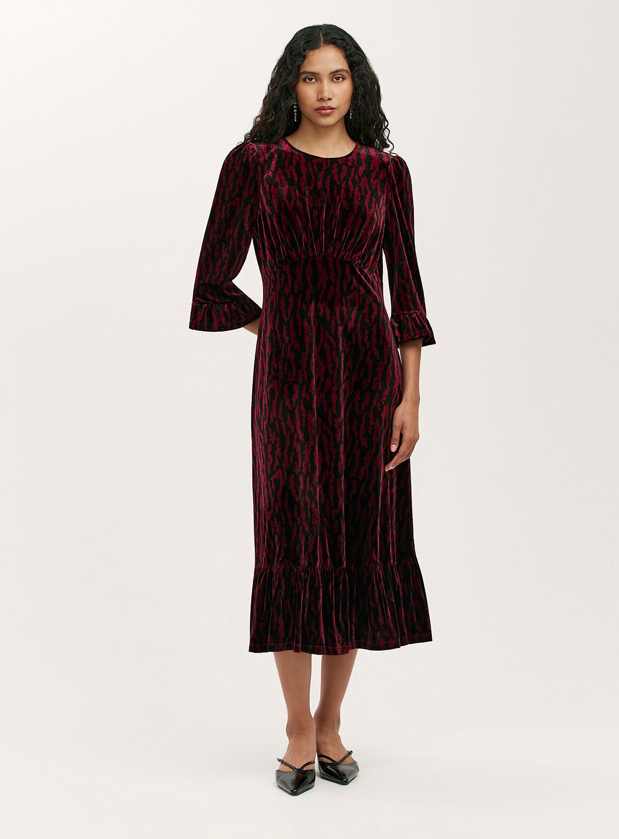 FINERY Scarlett Animal Velvet Midi Tea Dress 
