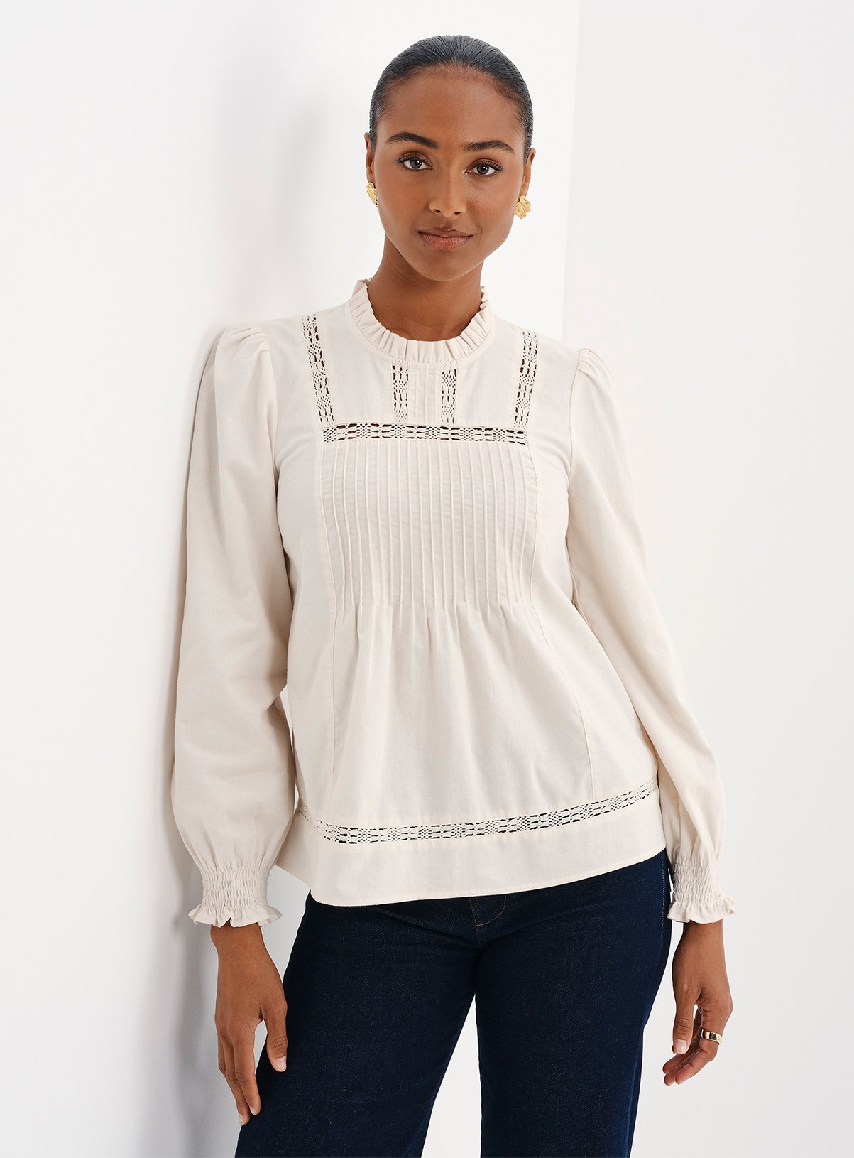 FINERY Alicia Corduroy Lace Detail Long Sleeve Top 