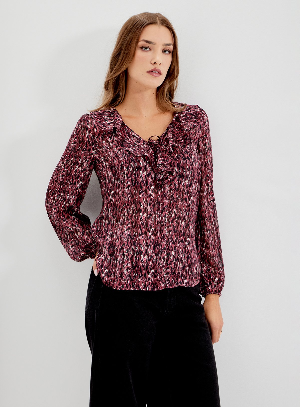 FINERY Trinity Satin Chiffon Ruffle Blouse 