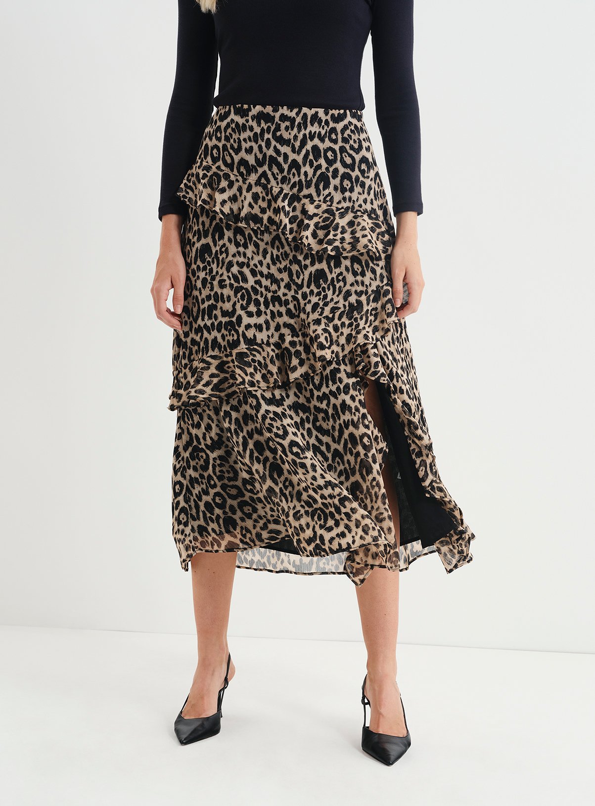 FINERY Kat Asymmetric Ruffle Midi Skirt 