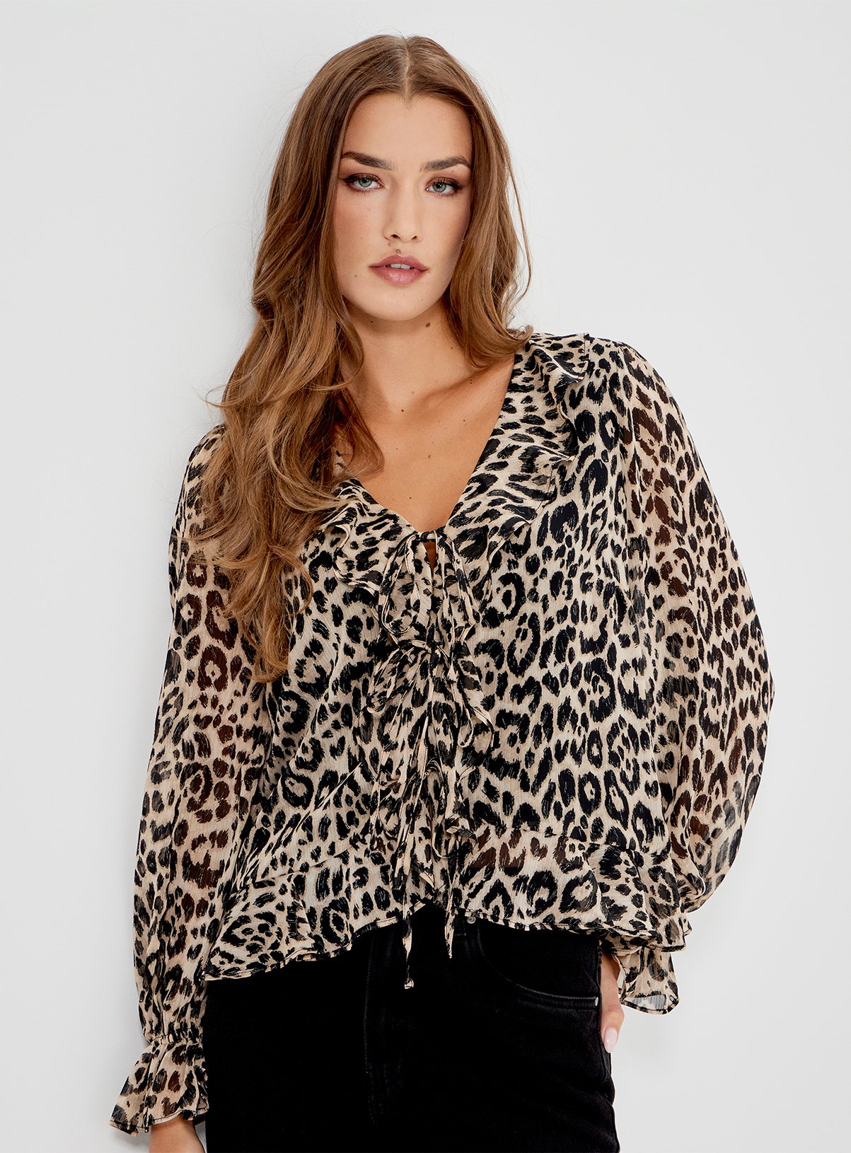 FINERY Jannelle Chiffon Ruffle Front Tie Blouse 