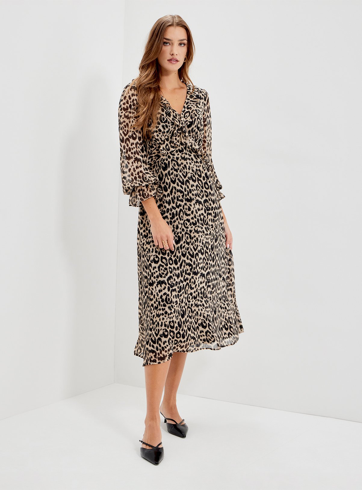FINERY Veronica Chiffon Ruffle Midi Dress 