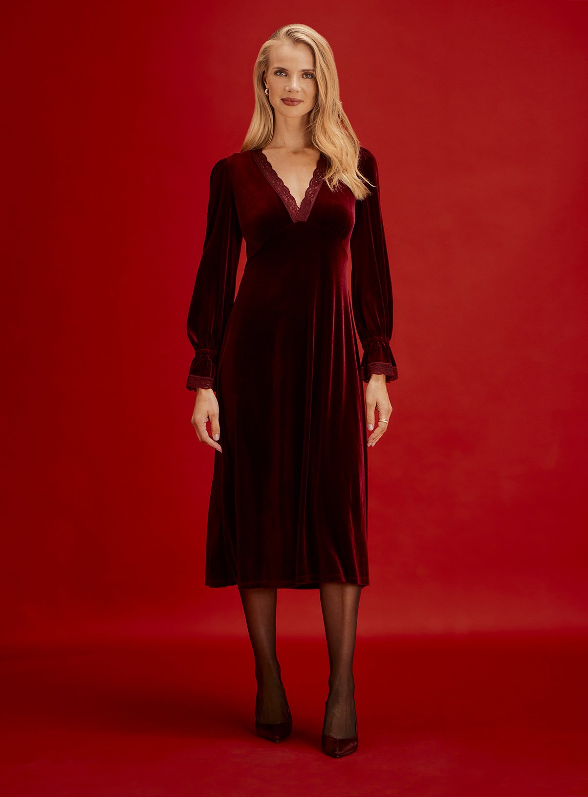 FINERY Louise Velvet V Neck Midi Dress Petite 