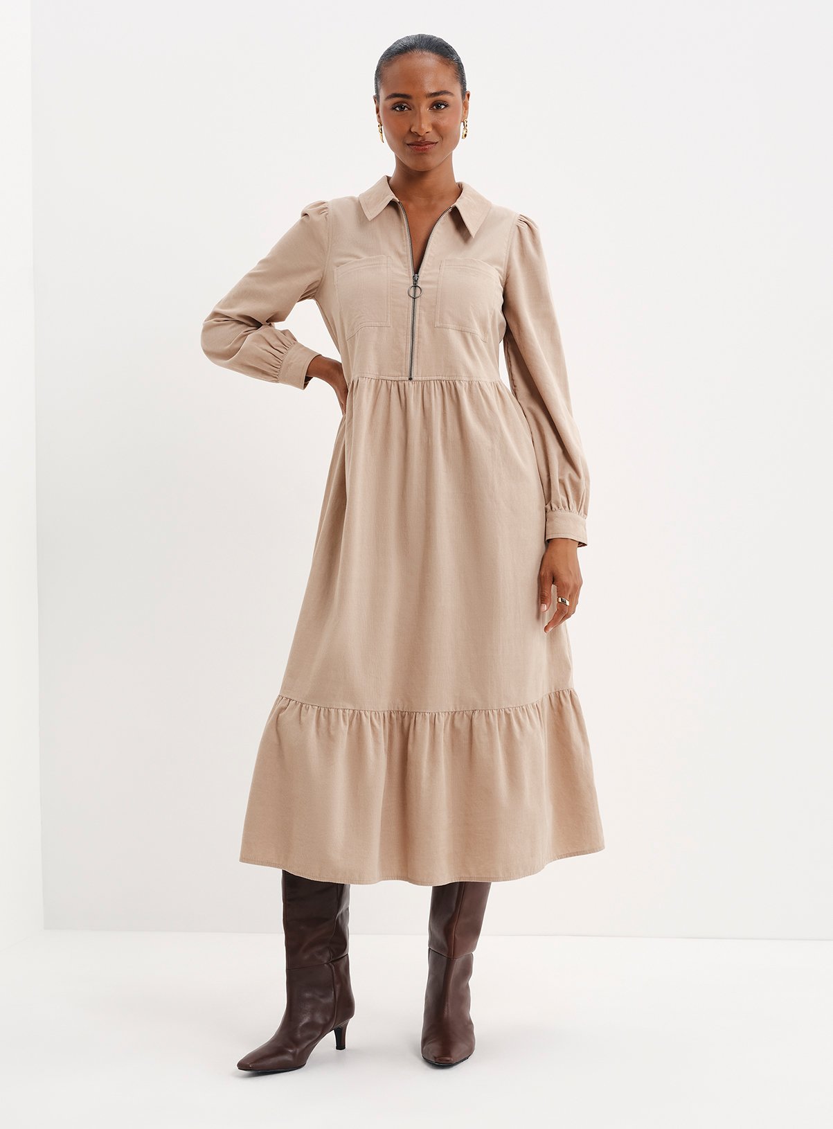 FINERY Callie Corduroy Long Sleeve Midi Dress 